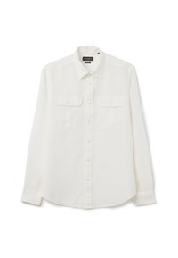 Camicia bianca a maniche lunghe realizzata in tessuto leggero. Presenta una chiusura con bottoni, due tasche sul petto e un colletto classico.