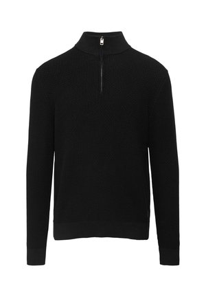 Black pullover sweater with a high collar, featuring a half-zip closure, ribbed texture, and fitted sleeves. Minimalistic design.