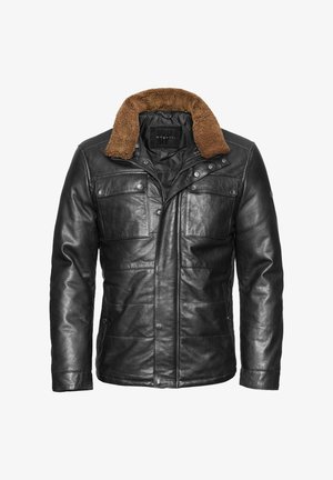 Veste en cuir noir avec un col en fourrure brun, plusieurs poches avant, fermeture à boutons et une finition lisse.