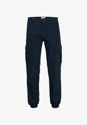 Temno modre hlače za tovor z več stranskimi žepi, elastičnimi manšetami in trpežno tkanino. Vključujejo sprednji zapenjanje na gumbe in zanke za pas.