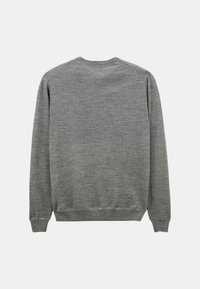 Pull en tricot gris à longues manches avec des poignets, un ourlet et un col côtelés, présenté de dos sur un fond blanc uni.