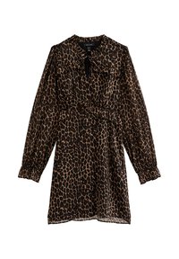 Vestido de manga larga hasta la rodilla con estampado de leopardo en tonos marrón y negro, puños elásticos, volantes en el pecho y la cintura, y escote con abertura y lazo.