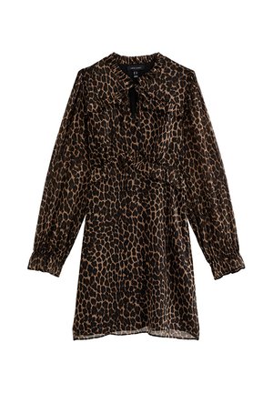 Long-sleeve, knee-length dress with brown and black leopard print, elastic cuffs, ruffles on chest and waist, and keyhole neckline with tie.