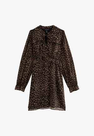 Long-sleeve, knee-length dress with brown and black leopard print, elastic cuffs, ruffles on chest and waist, and keyhole neckline with tie.