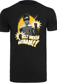 Čierne bavlnené tričko s grafikou superhrdinu chlapca v maske a plášti, s textom "SVETIE TO BATMAN!!" v tučnej žltej a bielej farbe.