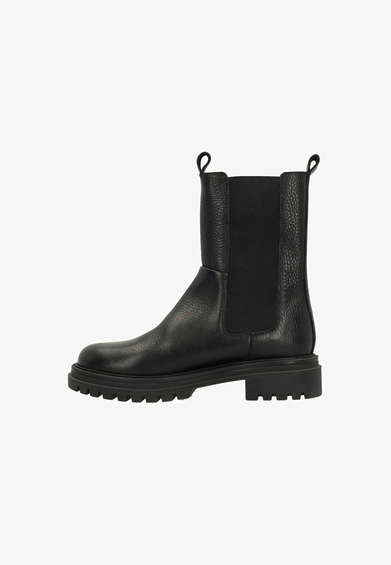 Black ankle boot featuring textured leather, elastic side panels, pull tabs, and a thick rubber sole with a rugged tread pattern.
