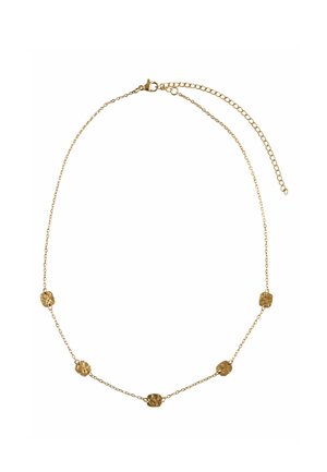 Zarte goldene Halskette mit fünf unregelmäßigen, gehämmerten Goldperlen und einem verstellbaren Karabinerverschluss.