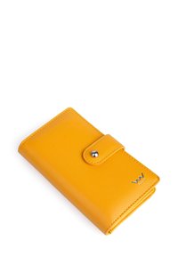 Yellow leather wallet with a smooth texture, snap closure, and silver logo accent. Compact rectangular shape, featuring stitched edges.