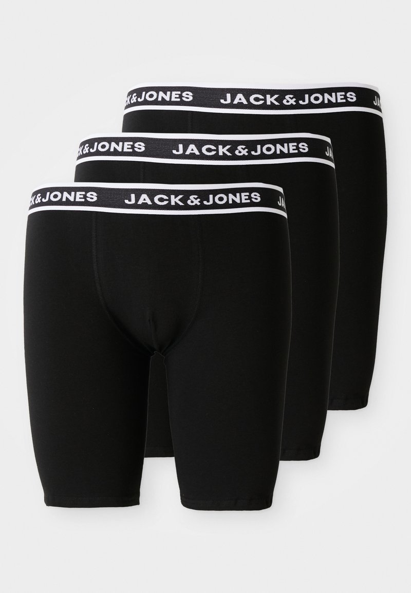 Schwarze Boxershorts im Dreierpack, mit einem weißen elastischen Bund und "JACK & JONES"-Logo. Aus weichem Baumwollmaterial, mittellange Ausführung.