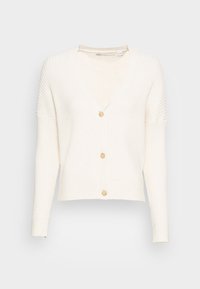 Rippstrick-weißer Cardigan mit V-Ausschnitt und fünf Knöpfen auf der Vorderseite. Mit langen Ärmeln und kurzem Schnitt. Weiche Textur.