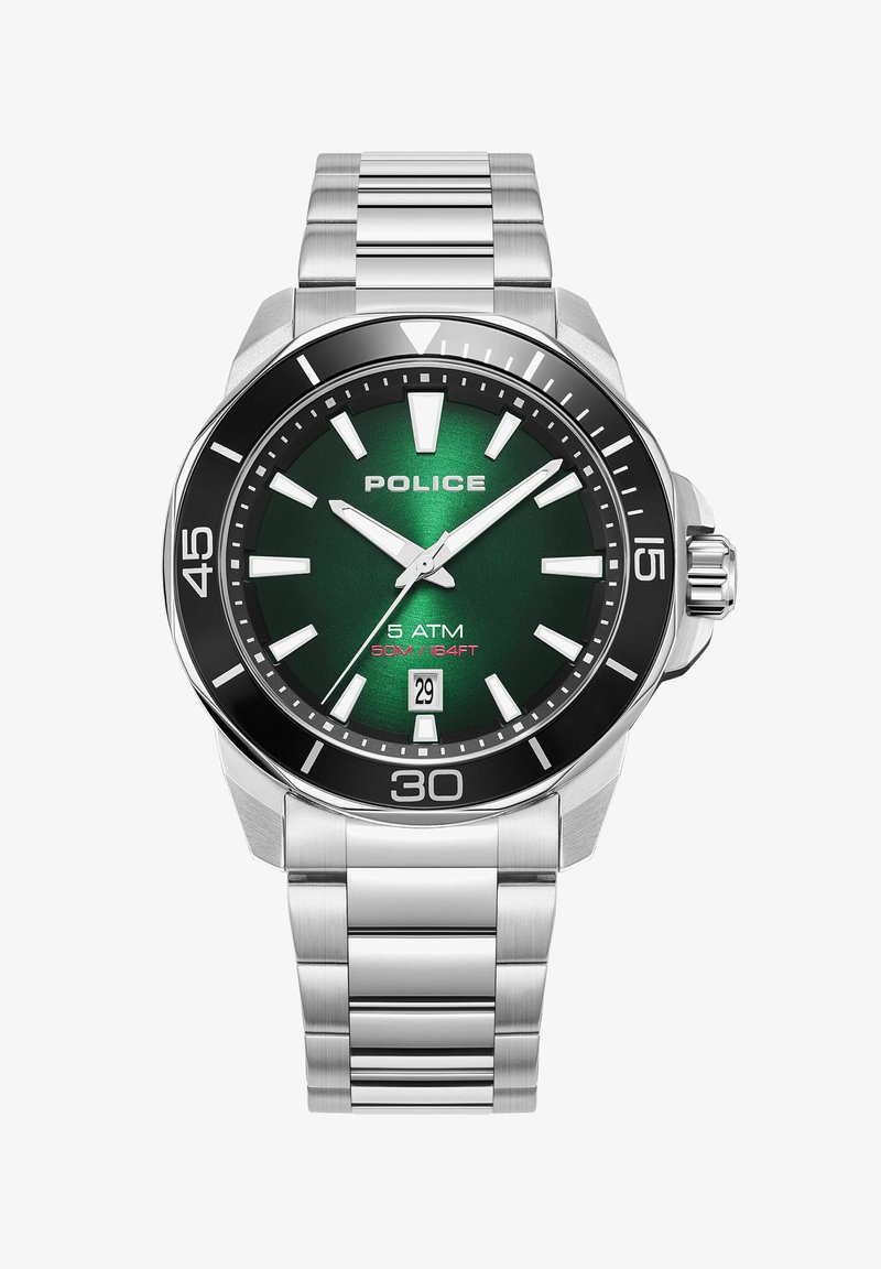 Montre en acier inoxydable avec un cadran vert, une lunette noire et des accents argentés. Comprend des marqueurs d'heure lumineux, un affichage de date et un bracelet en métal.