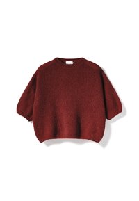 Tumepunane lühikeste varrukatega kootud kampsun ümarate kaelusega ja soonikkoes mansettide ning äärega, laotatud valgele taustale.