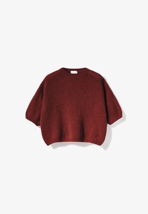 Maglione a maniche corte di colore rosso scuro, lavorato a maglia, con scollo rotondo e polsini e orlo a coste, disteso su uno sfondo bianco.