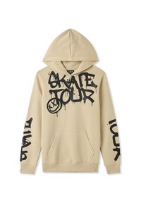 Felpa beige con tasca a marsupio, con scritte in stile graffiti nere "SKATE TOUR" e design a schizzi sulle maniche.