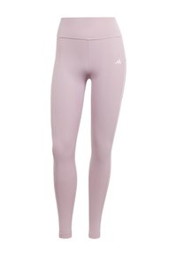Jasnoróżowe legginsy z wysokim stanem, wykonane z elastycznego materiału, o dopasowanym kroju i dyskretnym logo Adidas na lewym biodrze.