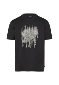 Zwart katoenen T-shirt met korte mouwen, voorzien van een grafische tekstontwerp in wit en grijs. Ronde halslijn en normale pasvorm.