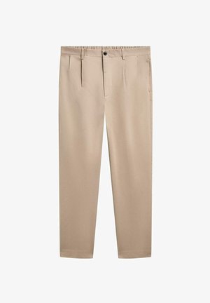 Béžové bavlněné kalhoty s přímým střihem. Mají přední záhyby, poutka na opasek a zapínání na knoflík. Hladká textura, bez viditelných vzorů.