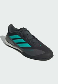 Black synthetic shoe with turquoise stripes, sleek design, textured upper, grey accents, and a low profile for enhanced performance.