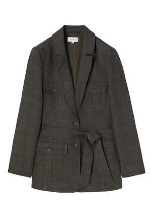 Olivgrüner Blazer aus strukturiertem Material, mit zwei Vordertaschen, einem Gürteldetail in der Taille und einem Reverskragen. Verfügt über zwei Knopfschnallen.