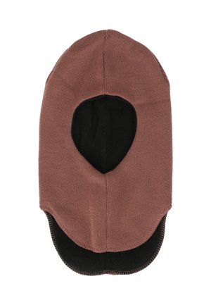 Balaclava en tricot brun avec une forme arrondie, présentant une zone faciale ouverte, une doublure intérieure noire et un ourlet élastique pour un ajustement parfait.