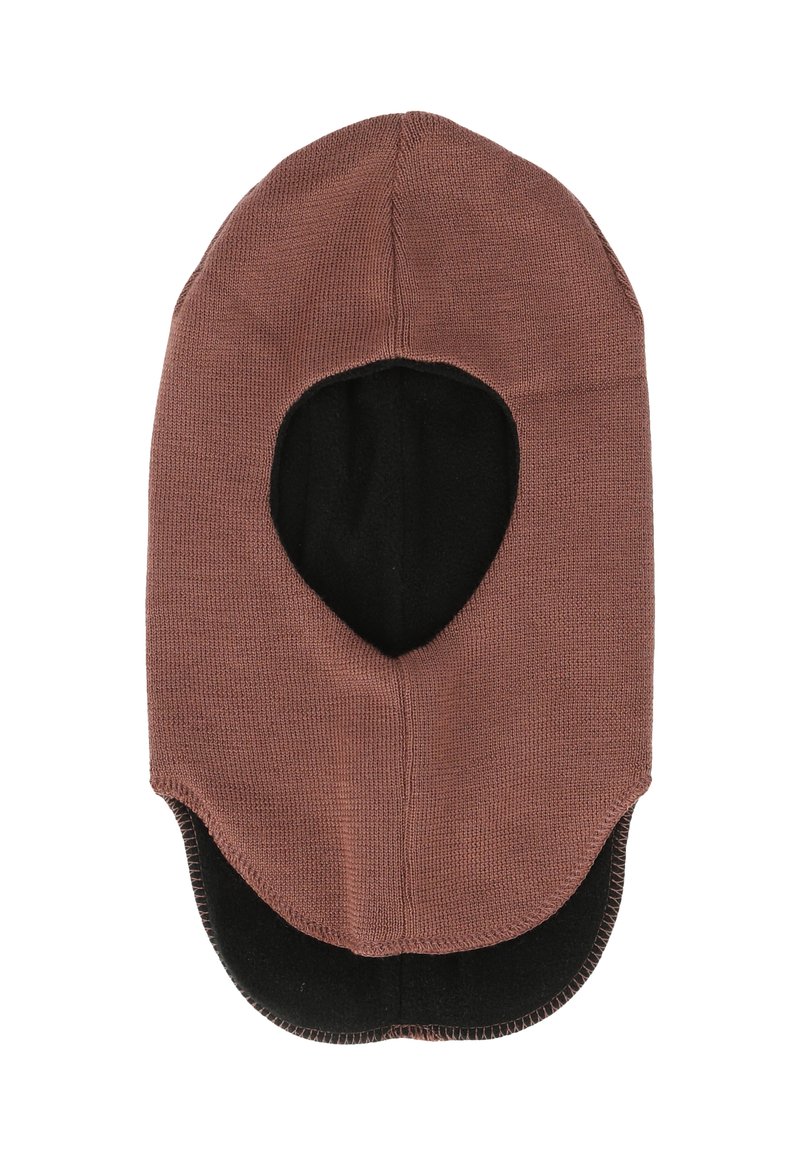 Braune Strickbalaclava mit runder Form, die einen offenen Gesichtsbereich, ein schwarzes Innenfutter und einen elastischen Saum für einen sicheren Sitz aufweist.