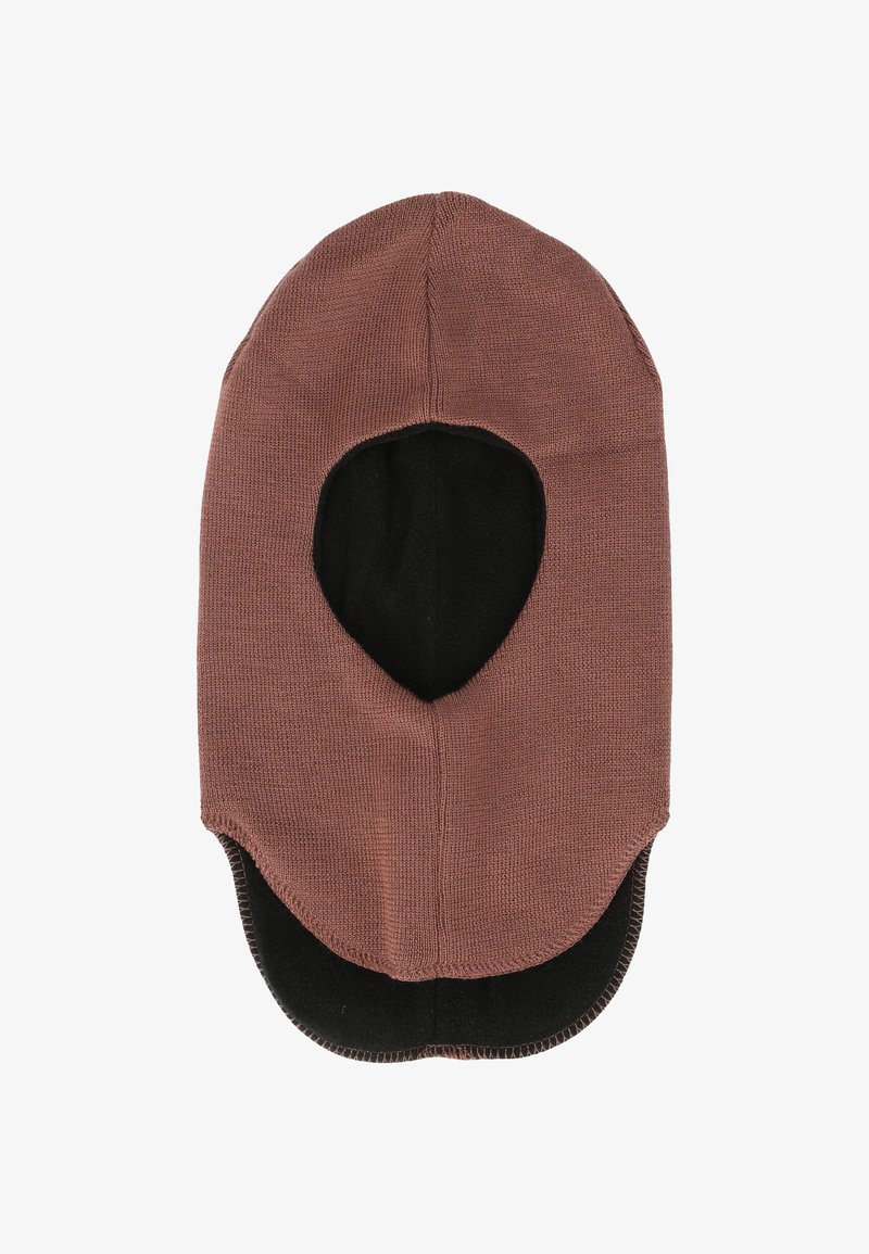 Balaclava in maglia marrone con forma arrotondata, dotata di un'area per il viso aperta, fodera interna nera e bordo elastico per una vestibilità aderente.