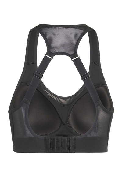 Sort sports-bh med mesh-panel på ryggen, justerbare skulderstropper, lukning med hægter og formede skåle for støtte.