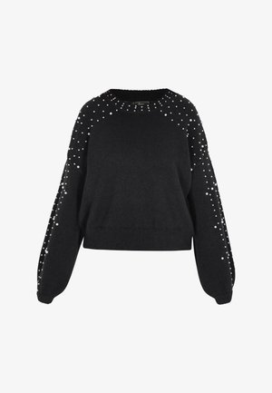 Mustavillainen neulepaita, jossa on helmikoristeita olkapäillä ja hihoissa. Puserossa on pyöreä pääntie ja ribattu helma.