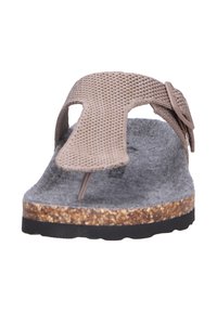 Infradito marroni con texture, con una soletta in suede grigia, intersuola in sughero e suola esterna in gomma nera. Presenta una fibbia laterale per la regolazione.