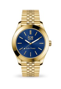 Złoty zegarek solarny z niebieską tarczą, stalową siatkową bransoletą, wyraźnymi znacznikami godzin oraz prostą koronką. Tekst: "ice watch Solar Power."