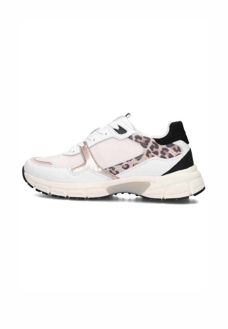 Sneaker with mesh and synthetic upper in white, beige, and black, featuring leopard print accents and a textured sole design.