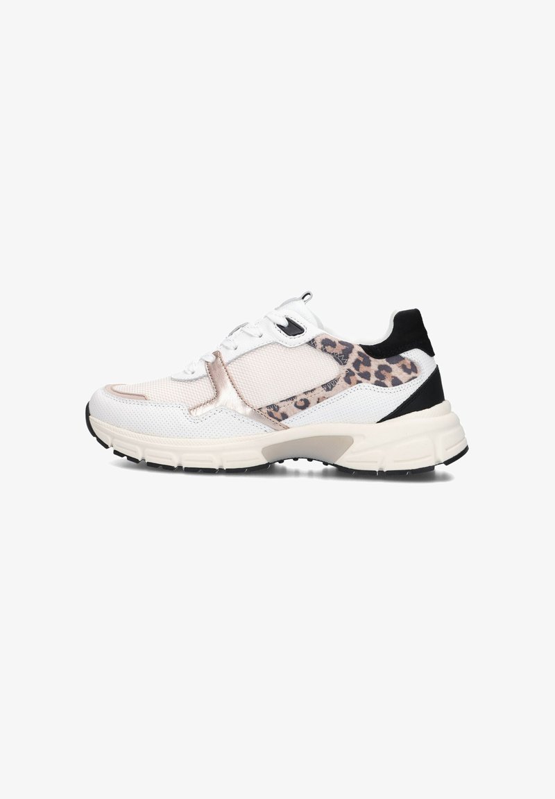 Sneaker with mesh and synthetic upper in white, beige, and black, featuring leopard print accents and a textured sole design.