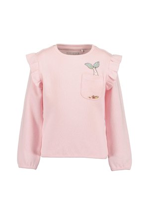 Top per bambini a maniche lunghe rosa chiaro con dettagli arricciati sulle spalle, tasca frontale con paillettes e una piccola pianta ricamata sopra la tasca.