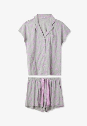 Completo pigiama grigio a maniche corte con motivo a farfalle viola, composto da una maglietta con bottoni e pantaloni corti con vita elastica e fiocco.