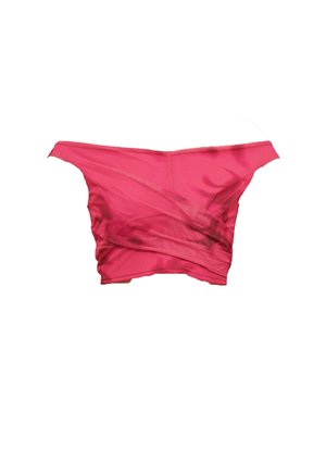 Fuchsia off-the-shoulder top gemaakt van doorschijnende stof, met een wikkelontwerp, textuurdetails en een nauwsluitende silhoet.