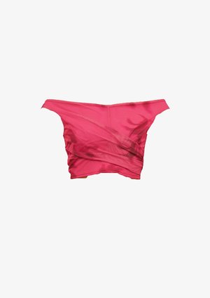 Fuchsia off-the-shoulder top made of sheer fabric, featuring a wrap design with textured detailing and a fitted silhouette.
