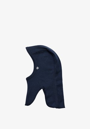 Granatowy polarowy kominiarka wykonany z miękkiego, elastycznego materiału. Posiada zaokrąglony kaptur i otwarcie na twarz, z detalem logo po boku.