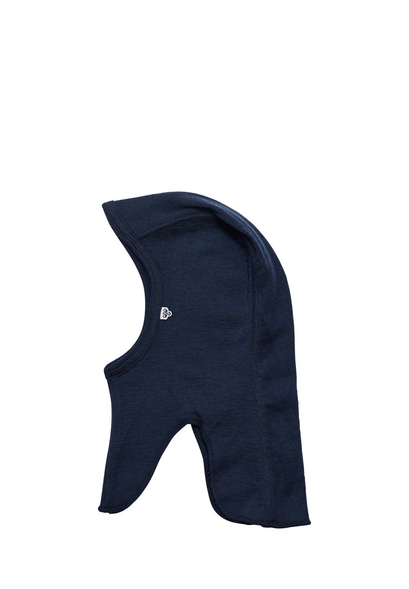 Mörkblå pullover-balaclava gjord av mjukt, elastiskt tyg. Har en rundad huva och en öppning för ansiktet, med logotypdetalj på sidan.