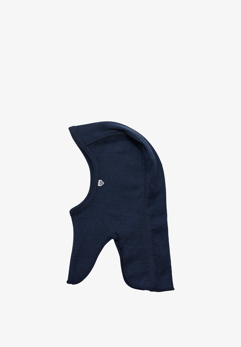 Granatowy polarowy kominiarka wykonany z miękkiego, elastycznego materiału. Posiada zaokrąglony kaptur i otwarcie na twarz, z detalem logo po boku.