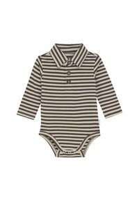 Langärmliger Babystrampler mit beigen und dunkelbraunen horizontalen Streifen, spitzem Kragen, drei Frontknöpfen und Druckknöpfen im Schritt.
