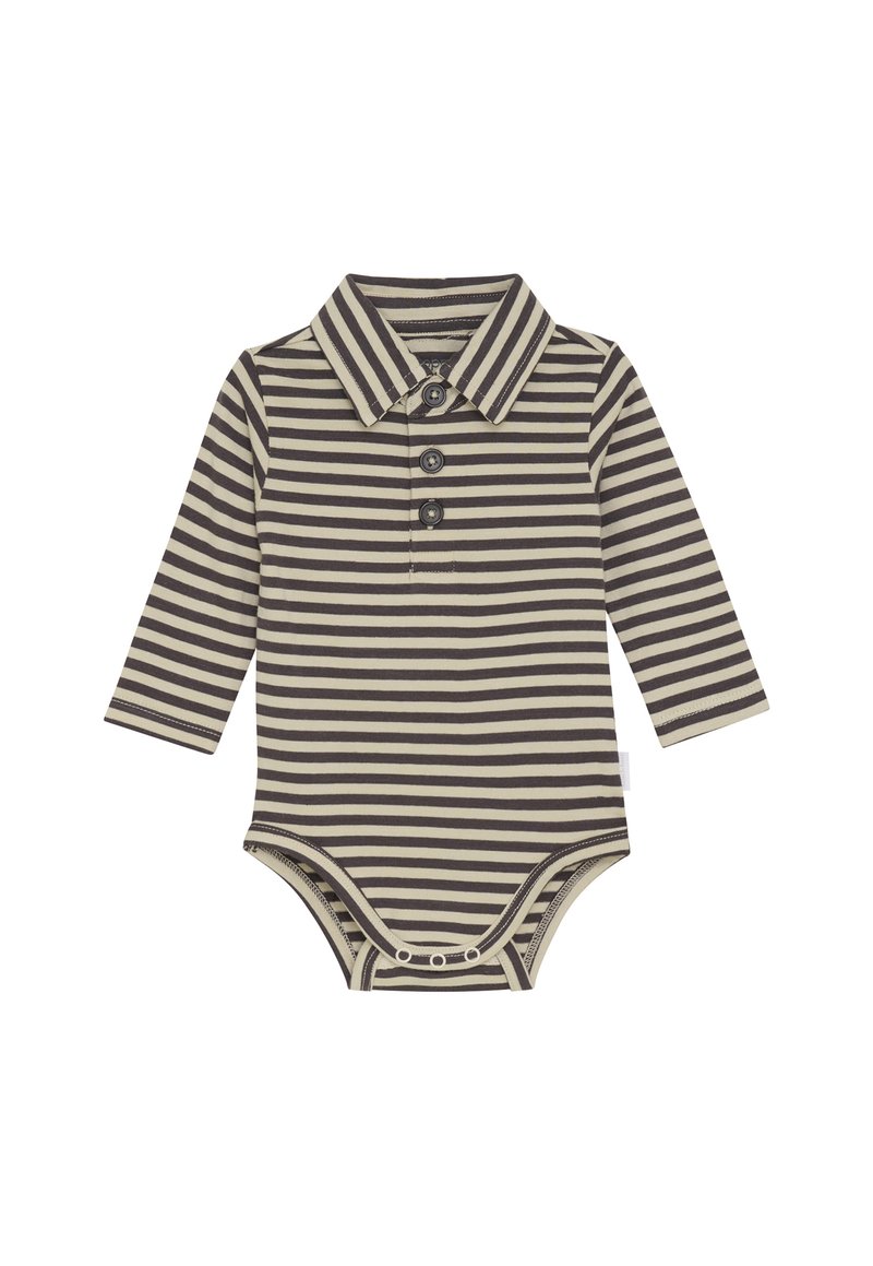 Langärmliger Babystrampler mit beigen und dunkelbraunen horizontalen Streifen, spitzem Kragen, drei Frontknöpfen und Druckknöpfen im Schritt.