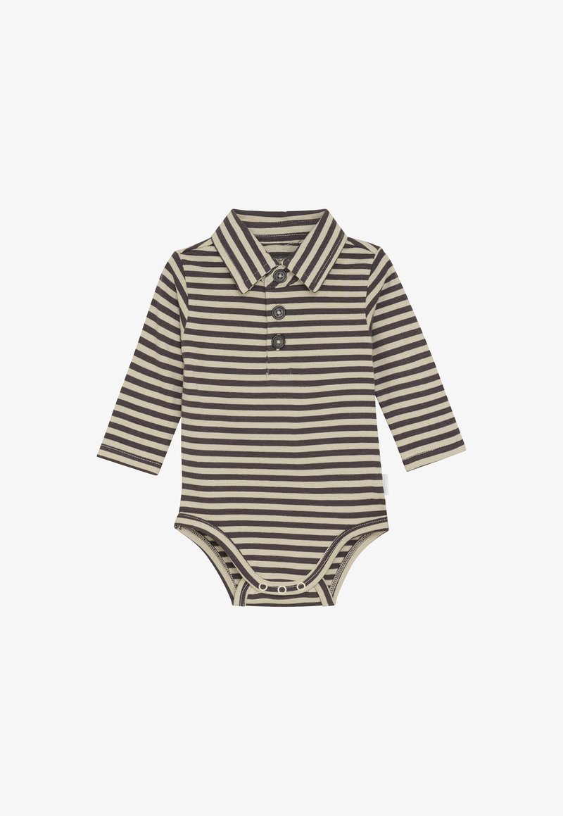 Long-sleeve baby bodysuit with beige and dark brown horizontal stripes, pointed collar, three front buttons, and snap closures at the bottom.