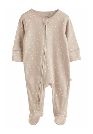 Hele roosa onesie, mis on valmistatud pehmest kangast, valgete tähtede võimaluse mustriga, pikad varrukad, jalaosa kattev disain ja esine lukuga sulgemine.