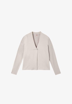 Light beige long-sleeve V-neck cardigan with open front and straight hem, displayed against a white background.