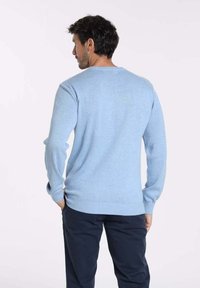 Pull bleu clair à col rond fabriqué en tissu doux, doté de poignets et d'un ourlet côtelés, présenté de dos avec une coupe décontractée.