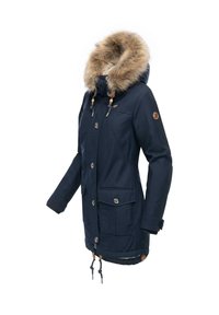 Navy blue parka with faux fur hood, two front pockets, drawstring waist, silver buttons, and textured fabric.