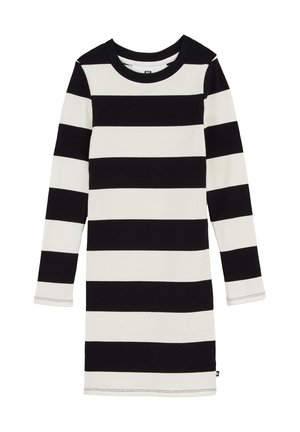 Langærmet knælængde kjole med brede, horisontale sort-hvide striber og rund halsudskæring.
