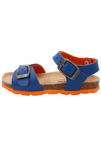 Sandale en cuir bleu avec deux brides réglables, boucles en métal, accents orange et semelle en liège. Dispose d'une semelle extérieure en caoutchouc pour une meilleure adhérence.