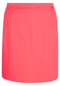 Ljusrosa kjol i slätt tyg, med en enkel design, knälång, med ett elastiskt midjeband och en diskret dragkedja på sidan.