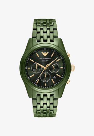 Orologio in ceramica verde con finitura opaca, dettagli dorati, tre sottosfere e bracciale a maglie. Cassa nera con numeri arabi e visualizzazione della data.